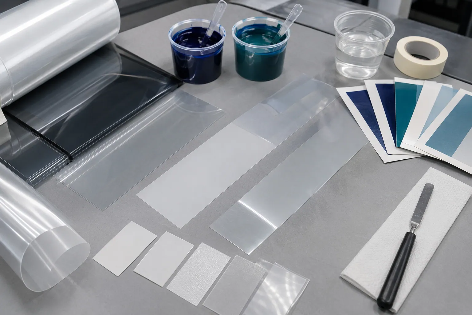 Water-based gravure ink evaluation with transparent film sheets, ink samples, and substrate test pieces.