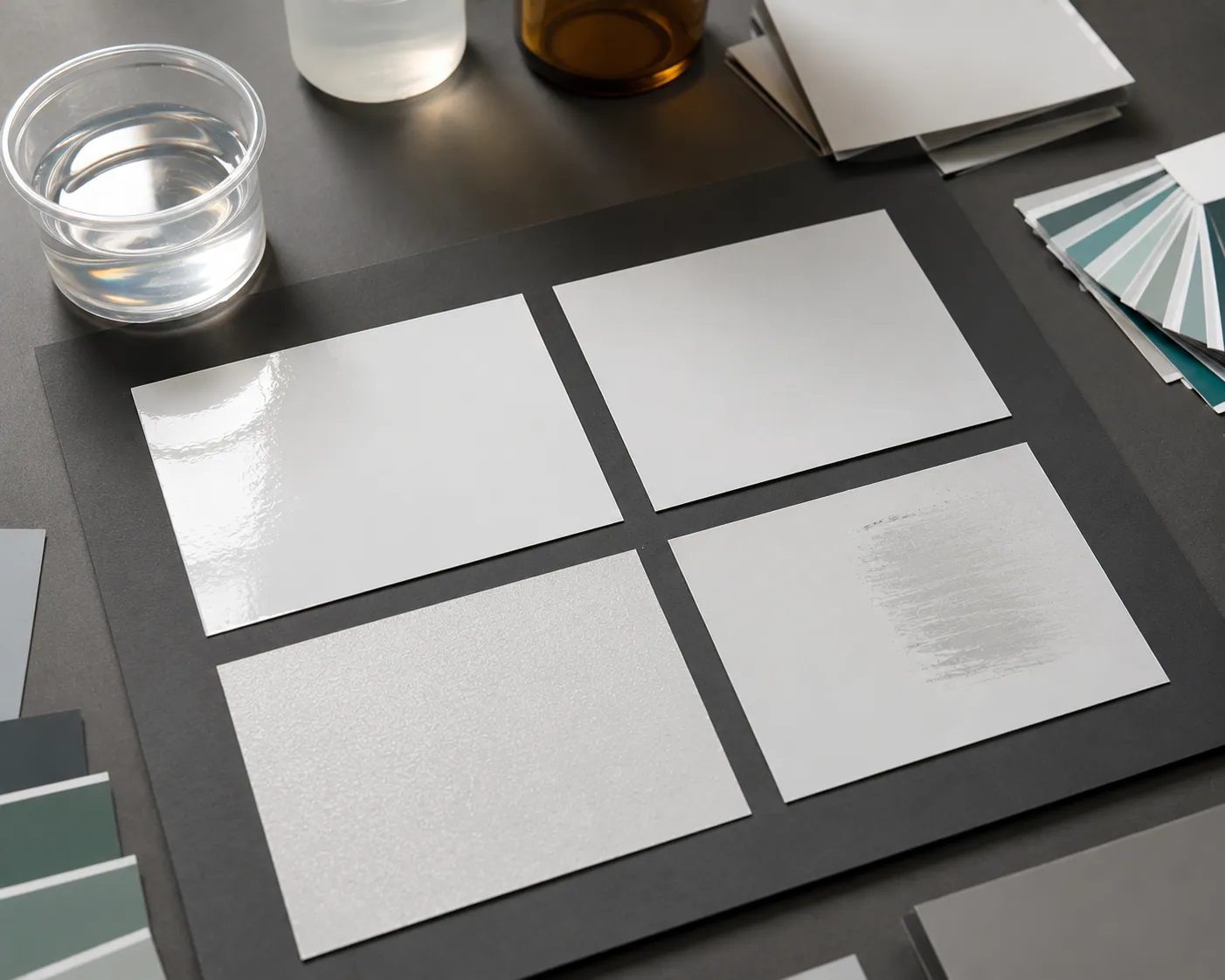 Water-based overprint varnish finish samples showing gloss, matte, anti-slip, and rub-check surfaces.