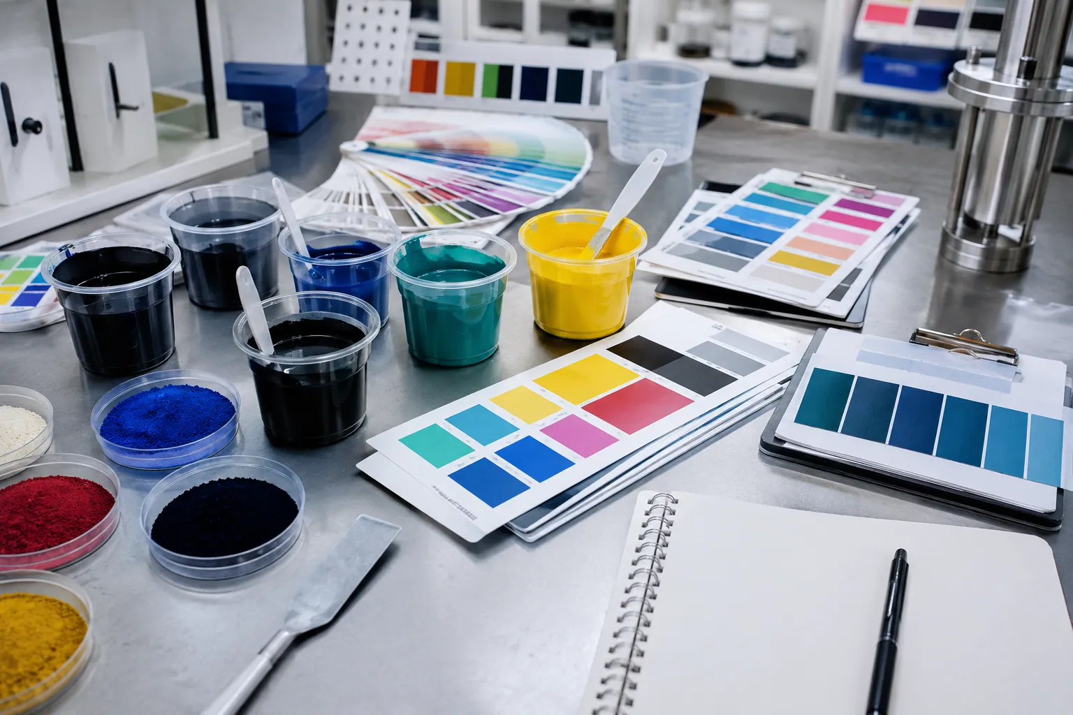 Ink color matching workbench with water-based ink cups, drawdown cards, and sample swatches.